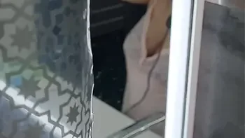 My stepmom came to my bathroom, I am naked and start jerk off cock, and she ignore me that nothing happened but she like look, milf want make handjob for me and masturbate my big fat dick, my dick is hard