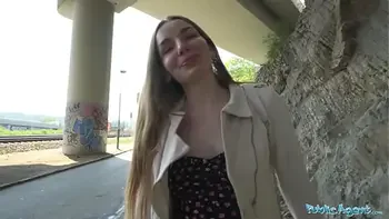 Public Agent - Young Ukrainian girl with long brunette hair waiting to meet friends talked into sex with a stranger outside