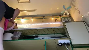 The boss is fixing sexy shop assistant's panties and licking her tits, ass and pussy before work