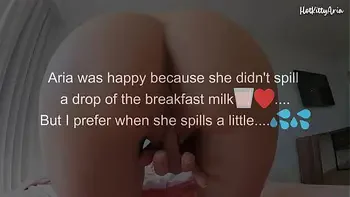 Young slut with big tits masturbates when she wakes up, friend catches her and she gives him blowjob and fucks to get hot milk for breakfast.