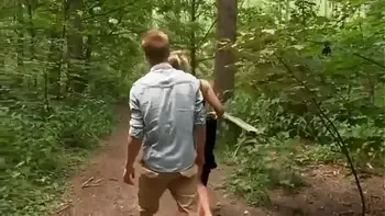 Young guy fucks an adult lady with beautiful boobs right in the forest