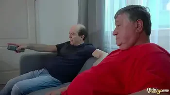 Young brunette showing 2 grandpas a good time with a hot footjob and cumshot on her pussy