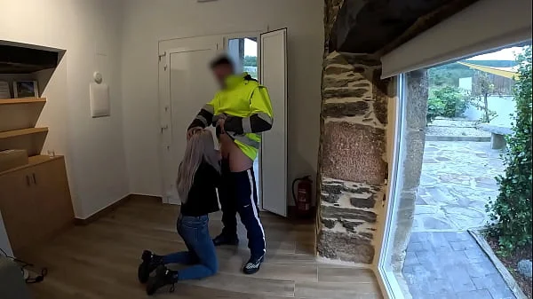 The delivery man comes home and I give him a surprise blowjob
