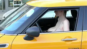 submissive woman with big natural breasts exposed in public