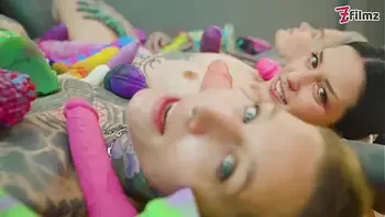 4 alternative CUTE LESBIANS in crazy colorful TOY ORGY fucking each others cunts and ASS
