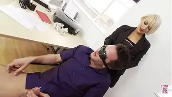 Blonde milf and hot brunette sexually exploit their boss in the office