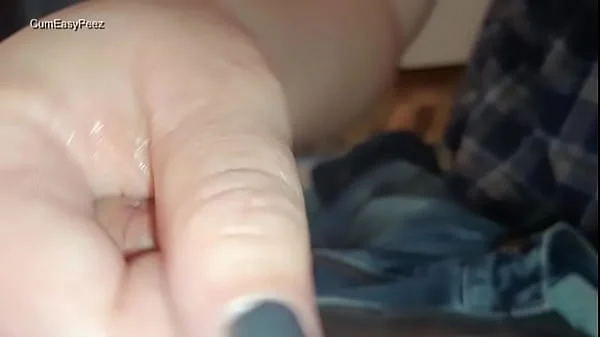 Busty Liza works a huge load of cum from his cock before wetting her panties over him