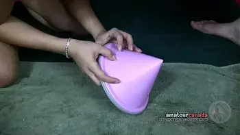 Asian GF and Collared wet hairy submissive cums with shock toy