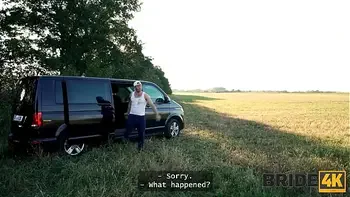 BRIDE4K. Horny bride ran away from the wedding and showed her natural tits to strangers in the field