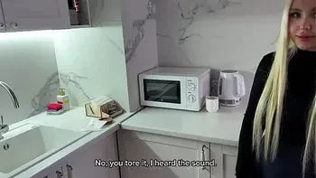 The young landlady in stockings hasn't had sex in a long time. I have to fuck her or give her the money.