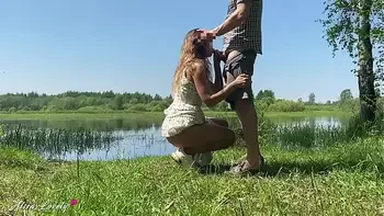 Passionate Sex of a Teen Amateur Couple by a Summer Lake Outdoor