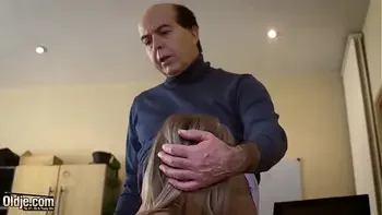 Young and passionate teen on 18th birthday has romantic sex with old man it turns dirty and she gives a sloppy blowjob then gets pussy fucked hard and deep takes his cock in her mouth and sucks until she swallows the cumshot