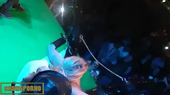 Pornstar interracial fuck on stage with public