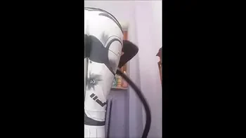 what a naughty housewife! all naked and struggling with the vacuum cleaner