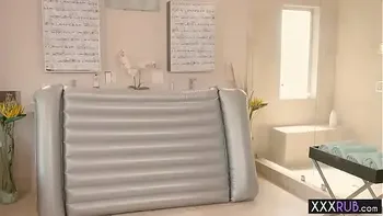 Petite Asian teen blowjob in the shower before massage