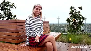 Rubbing Her Hairy Pussy with the Curtains Wide Open