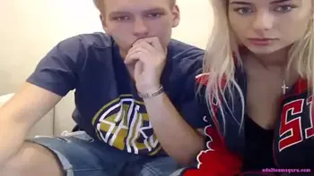 Blonde teen is making blowjob for her boyfriend at live sex webcam show
