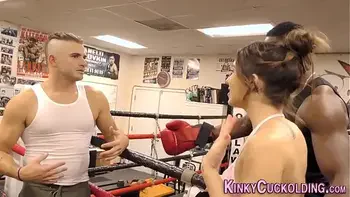 Domina cuckolds in boxing gym for cum