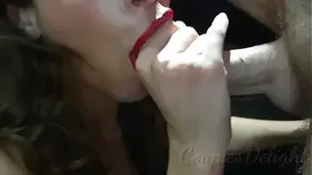 100% Natural Big Lipped skinny wife applying long lasting red lipstick, sucking and deepthroating my cock untill she receives a creamy reward - couplesdelight