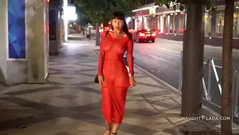 Red transparent dress in public