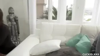 Busty Brunette Gets Her Throat and Pussy Fucked In Front Of Worthless Cucked Husband