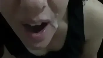 Husband filled sperm mouth with his wife after a deep blowjob