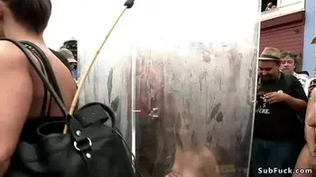 Blonde slut gangbanged in public