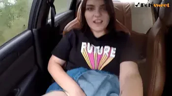 Public masturbation of a brunette in a car on the go. (eng sub)