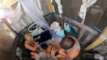 Busty blondes in sexy lingerie enjoying hardcore sex in foursome orgy