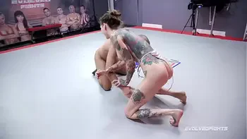 Naked wrestling man against women as Rocky Emerson battles Oliver Davis and is fucked hard