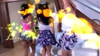 3 Girls Twerk in shortest skirt mini skirts and t-shirts with girl wedgies and camel toes show upskirt ass candid style dance party