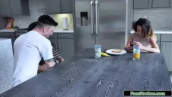 Stepdad sucked by stepteen and stepmom