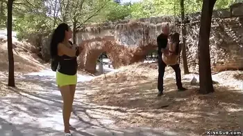 Bare boobs slave banged in public