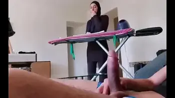 OMG !! He pulls out his cock in front of this muslim maid!!