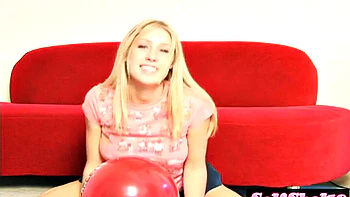Sexy blonde Allie bounces topless on balloon in POV