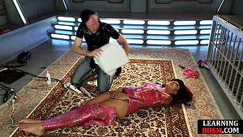 Wrapped babe dominated by master