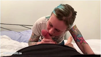 Cute Tattooed Girl Gives Head On Bed & Spits Out Cum