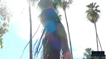 Huge natural tits ebony beauty MILF babe Shasta Wonder striptease outdoor