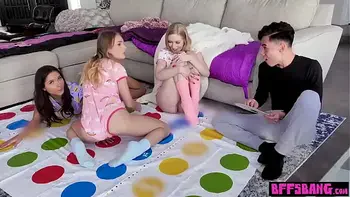 Pervy stepbrother drilling three lesbian teen pussies