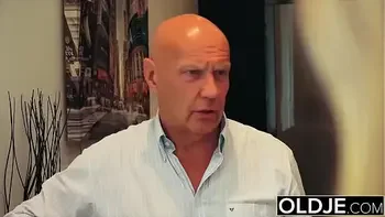 Teen has anal sex with grandpa and she strokes his cock until he cums on her face