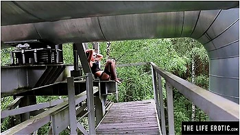 Chained Beauty In Sexy Lingerie Masturbates To Orgasm In Public - Viv Thomas