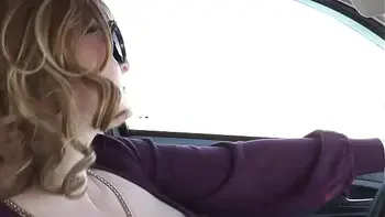 Frina car has broken auto navigator. Sexy blonde MILF driving in stockings without skirt or panties and asks for directions from random passerby. Public nudity. In public. Outdoor. Outside