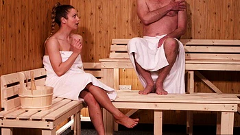 Naughty skinny blonde teasing old guy