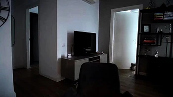 Busty curly brunette with big boobs fucks on couch