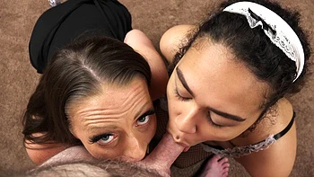 Two hot girls in fishnet pantyhose fucking with the maid in an amateur ffm threesome