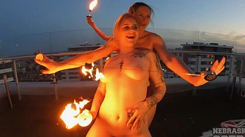 Two beautiful lesbians Lea and Melonie have fun outdoors with their natural tits