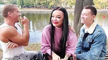 Sweetie in black nylons Daphne Klyde rammed by two huge dicks