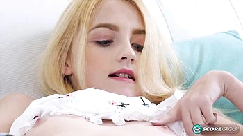 Sexy small-tit babe Kate Bloom is touching her shaved pussy