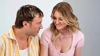 Two guys fucked hot teen Melody Marks on the sofa