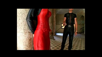 Big boobs blonde humiliating whipping in red latex dress